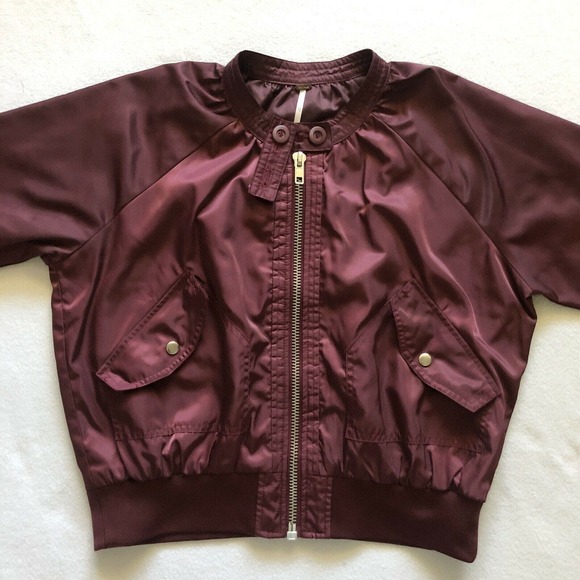 Free People Women Satin Midnight Bomber Full Zip Jacket Maroon Burgundy Red S - Picture 10 of 12